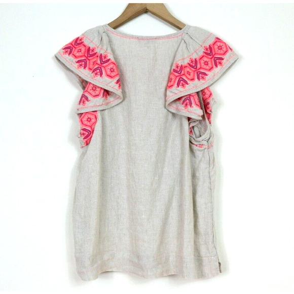 J Crew Size M Embroidered Linen Flutter Sleeve Top Cream Pink Orange - Picture 6 of 9
